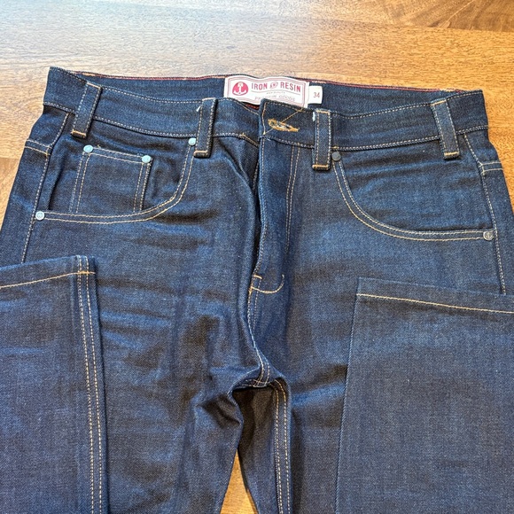 Iron & Resin Mens Dark Blue Straight Leg Jeans 34 Selvedge New - Picture 1 of 9